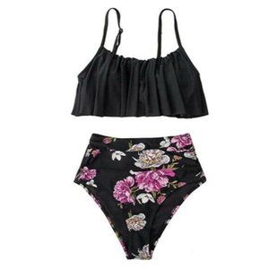 Women's High Waisted Falbala Flower Print Bikini Set Ruffled Top Size L